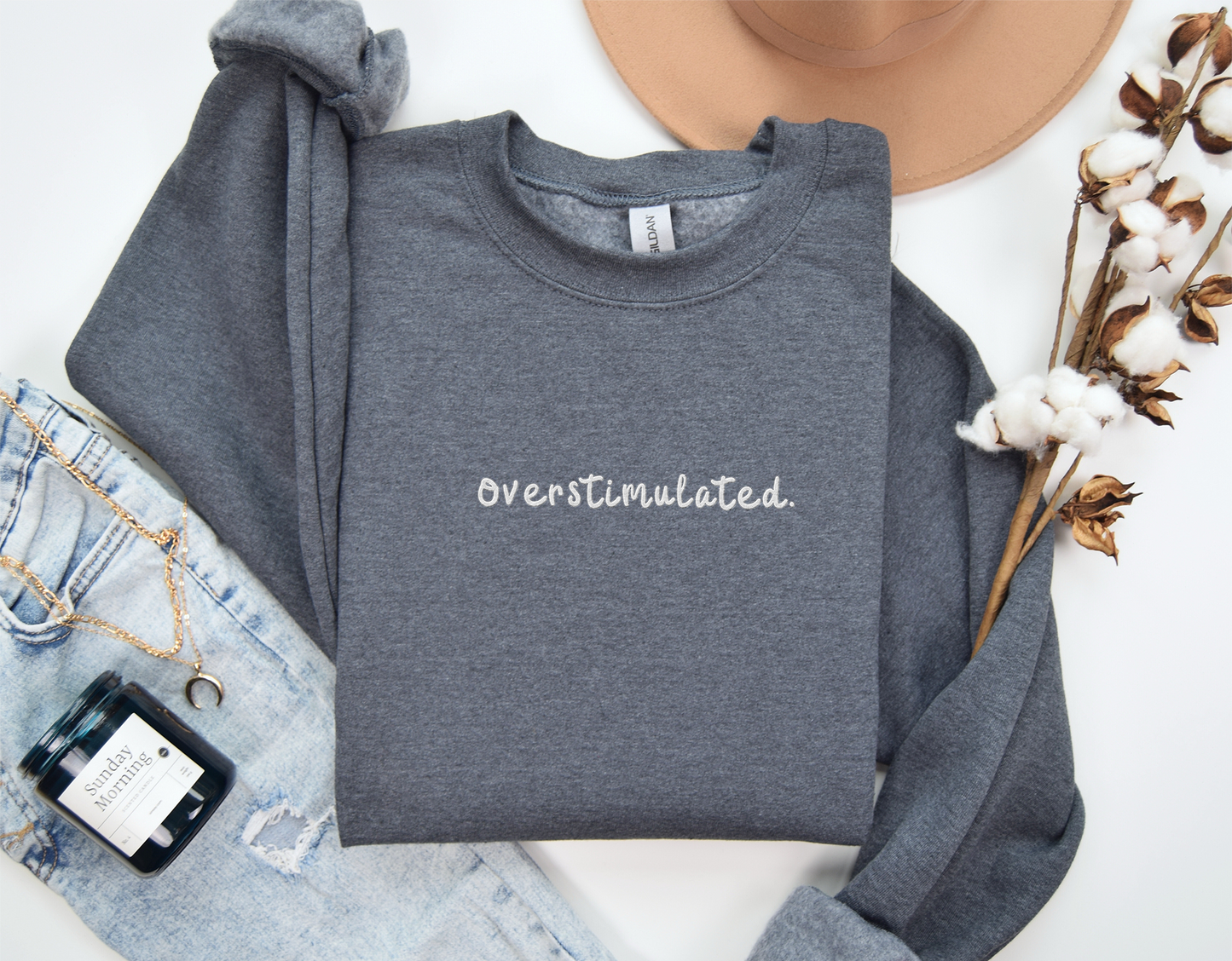 OVERSTIMULATED. - Embroidered Unisex Crewneck Sweatshirt