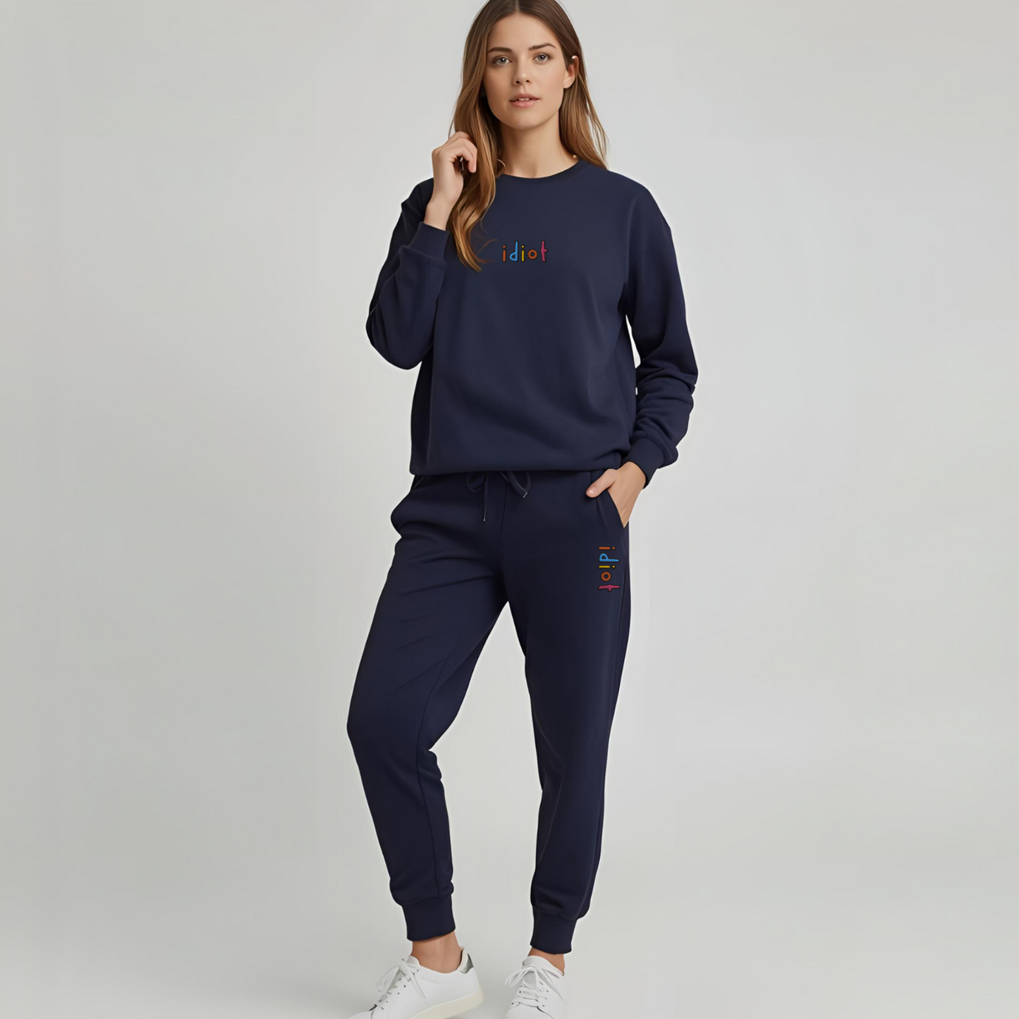 Idiot - Cozy Embroidered Fleece Set (Sweatshirt + Joggers)