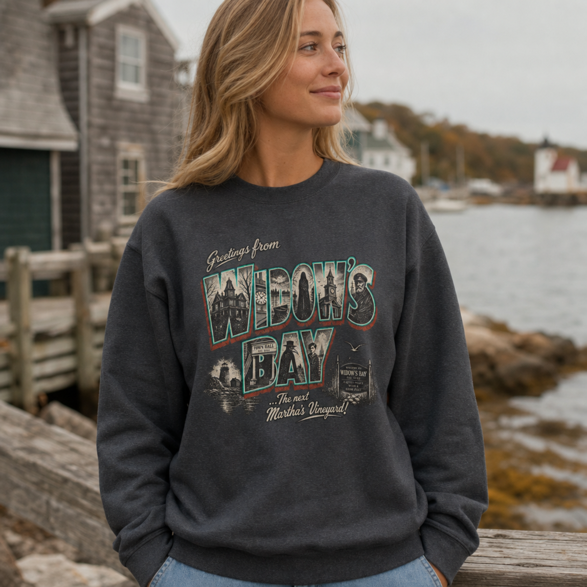 Greetings From Widow's Bay vintage coastal graphic on Gildan 18000 unisex crewneck sweatshirt