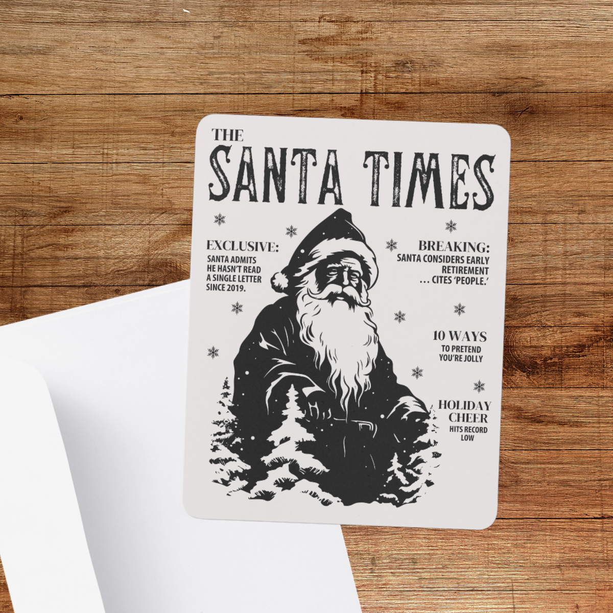 The Santa Times vintage newspaper Santa Christmas card with distressed black and white holiday design