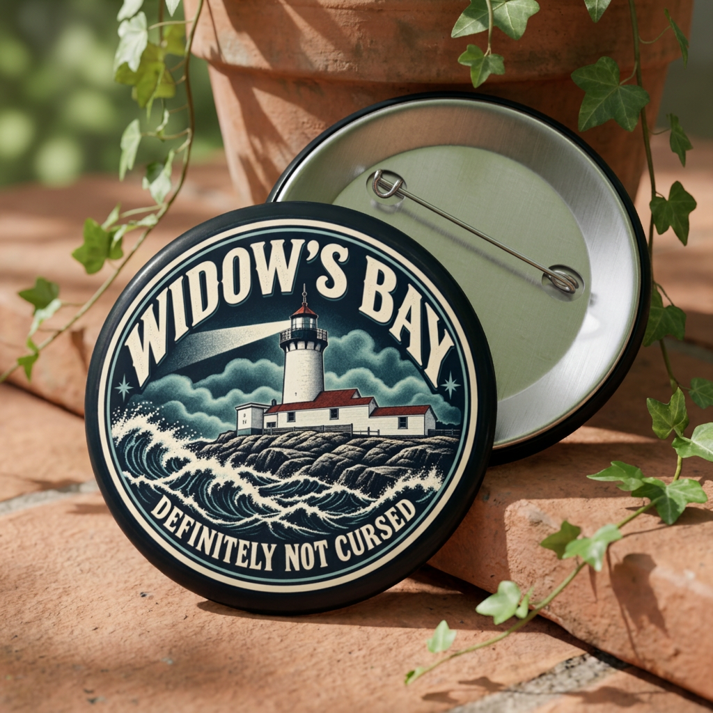 3. Image alt text
Round Widow’s Bay lighthouse pin in navy, seafoam, and cream with “Definitely Not Cursed” lettering.