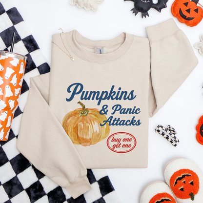 Pumpkins and Panic Attacks graphic on Gildan 1800 crewneck sweatshirt