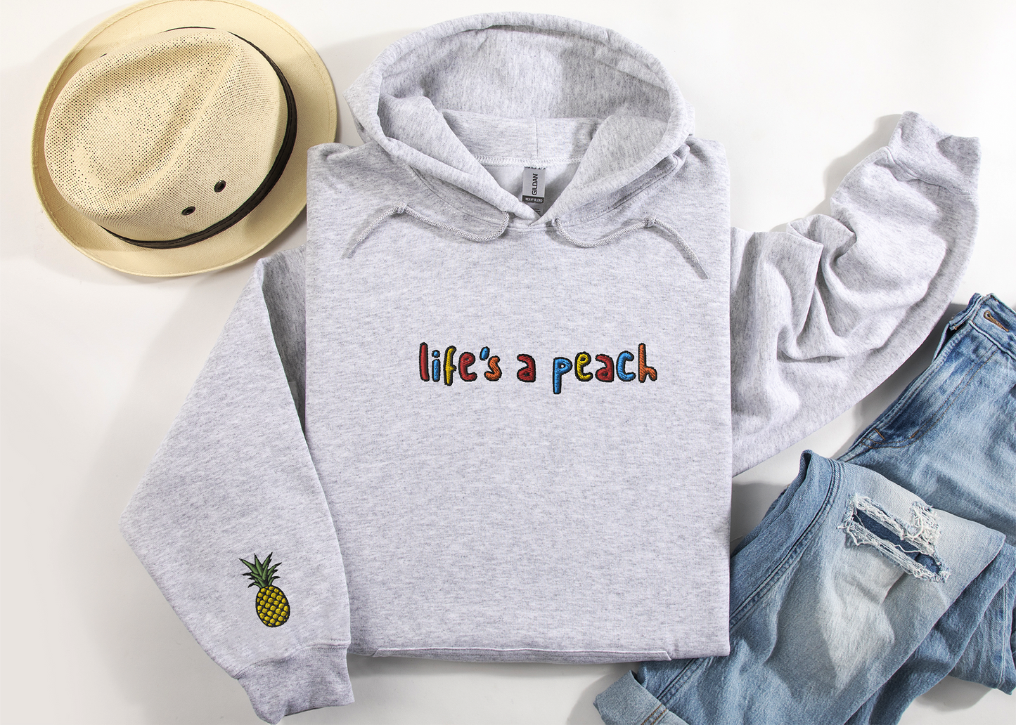 LIFE'S A PEACH - Embroidered Unisex Crewneck Hoodie