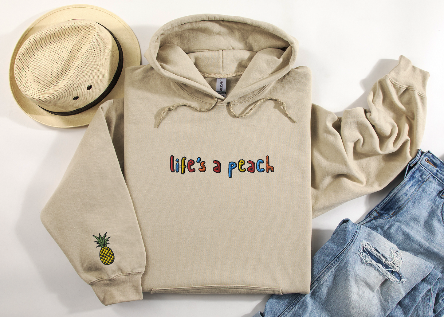 LIFE'S A PEACH - Embroidered Unisex Crewneck Hoodie