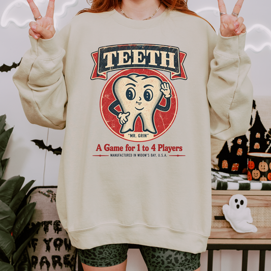 Widow's Bay TEETH vintage horror graphic on black crewneck sweatshirt