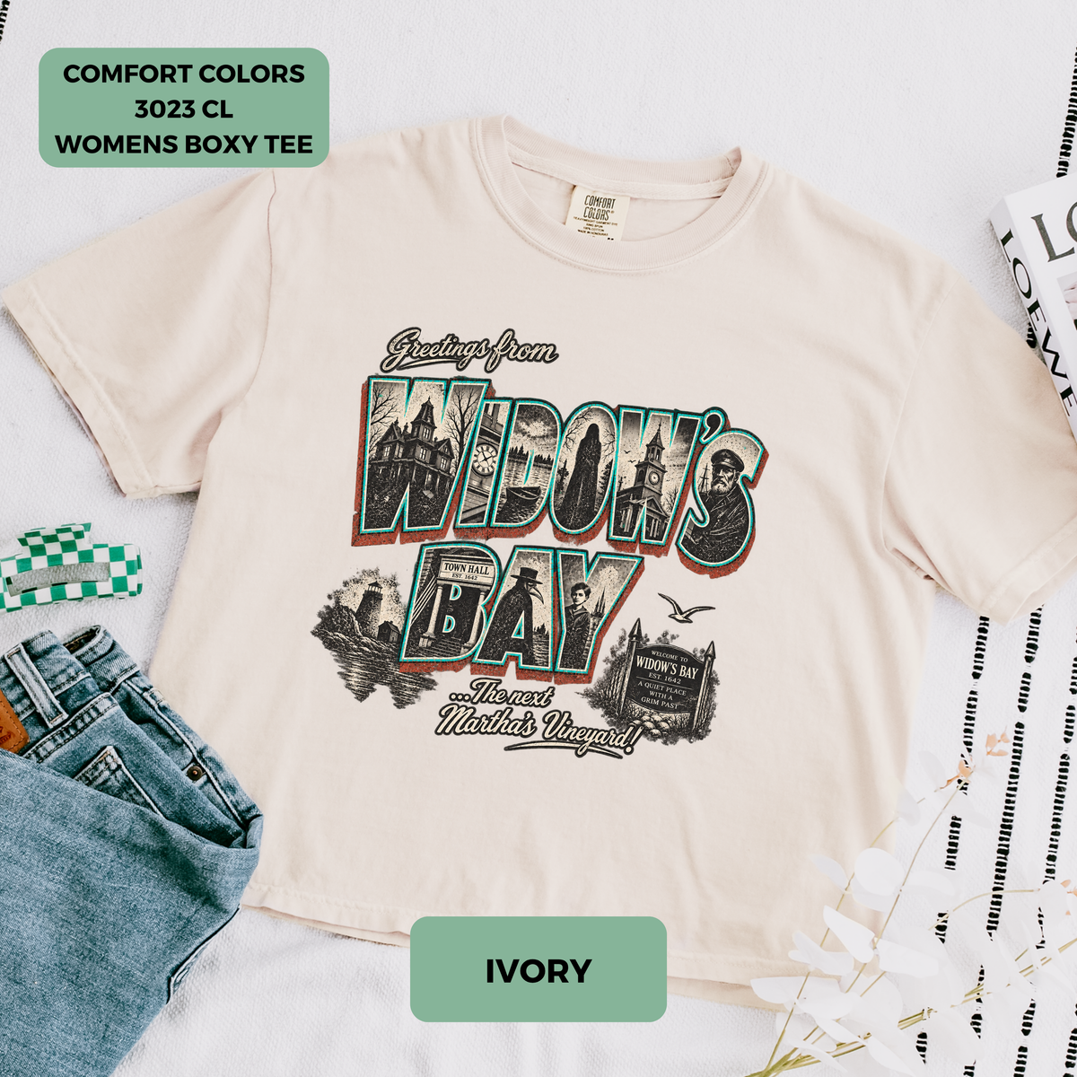 Greetings From Widow's Bay vintage coastal graphic on Comfort Colors women's boxy T-shirt