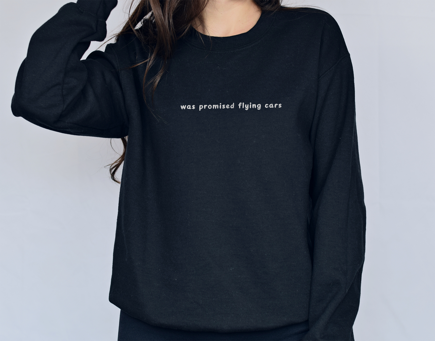 WAS PROMISED FLYING CARS - Embroidered Unisex Crewneck Sweatshirt